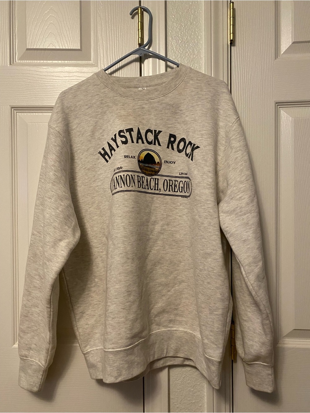 ASRV Light Gray Crewneck Sweatshirt with Haystack Rock Graphic